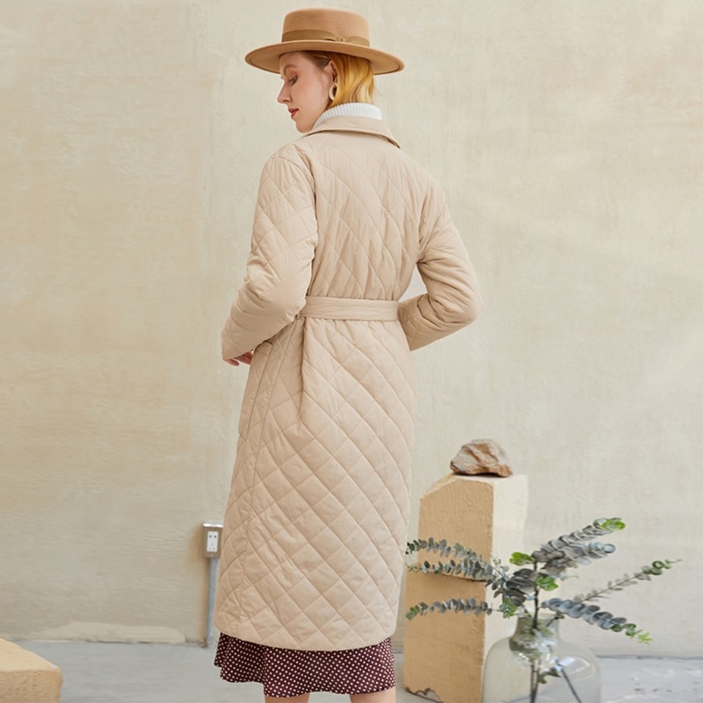 Beige Quilted Belted Coat with Pockets - Picture 9 of 17